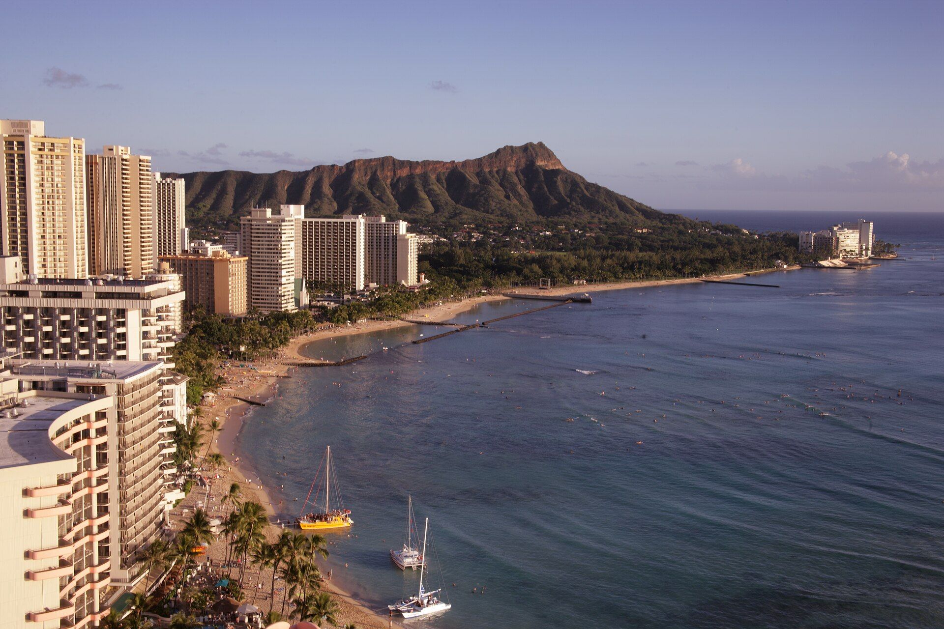 Waikiki Beach and Diamond Head seen from a high-rise in Honolulu, Oahu